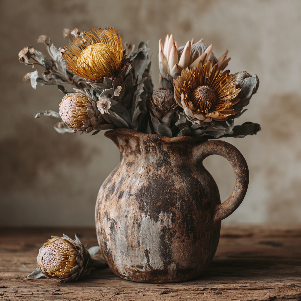 Volledig kunstwerk Aardebloei met aardse kruik en gele bloemen in natuurlijke tinten