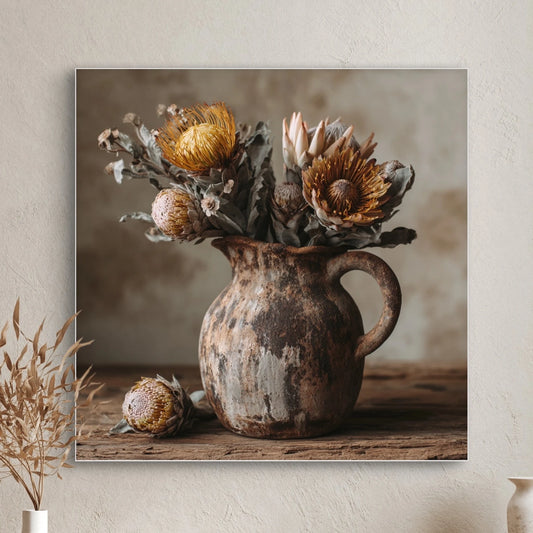 Detailopname van kunstwerk Aardebloei met verweerde kruik en warme bloemen