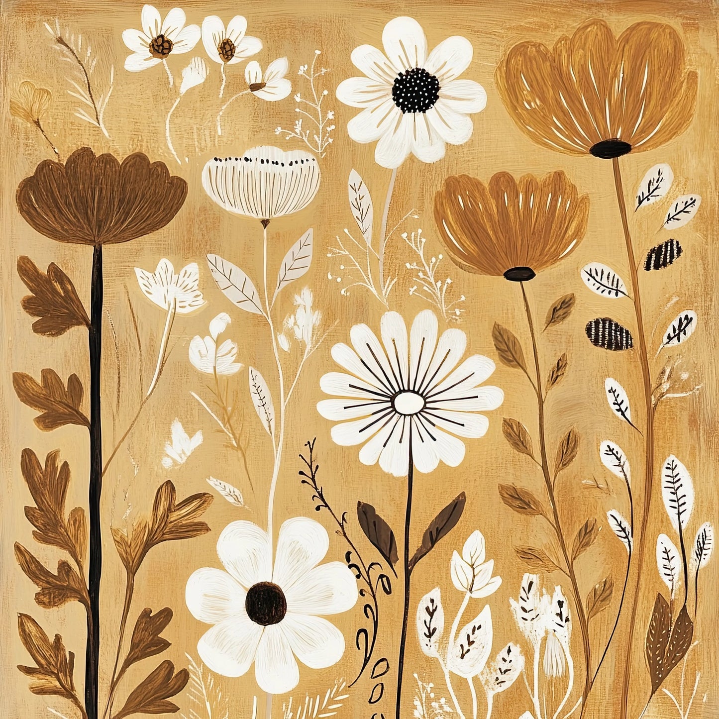 Kunstwerk met illustratieve bloemen in aardetinten en witte accenten in speelse compositie