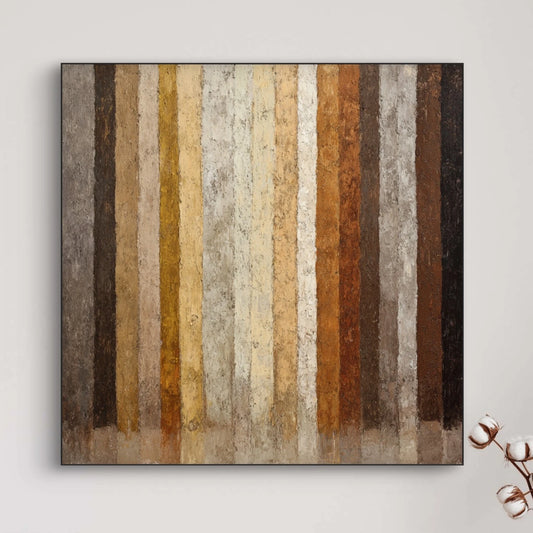 Detail van schilderij Aardecho met verticale lijnen in natuurlijke aardetinten en textuur