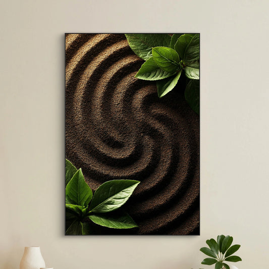 Detail van Aardegroeven, donkere zandgroeven met contrasterend fris groen blad