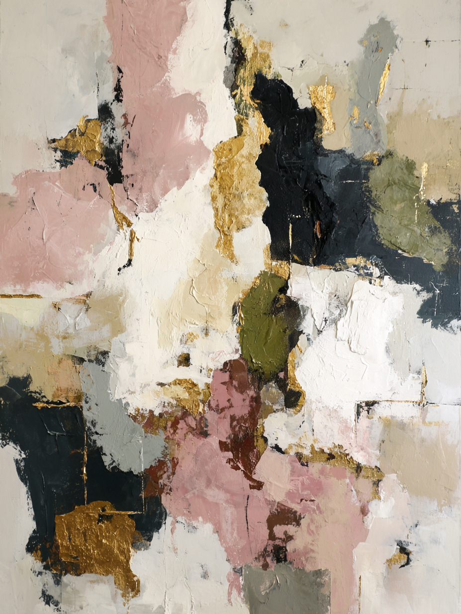 Abstract schilderij in roze, groen, wit en goud tinten met aardse gelaagdheid en poëtische uitstraling