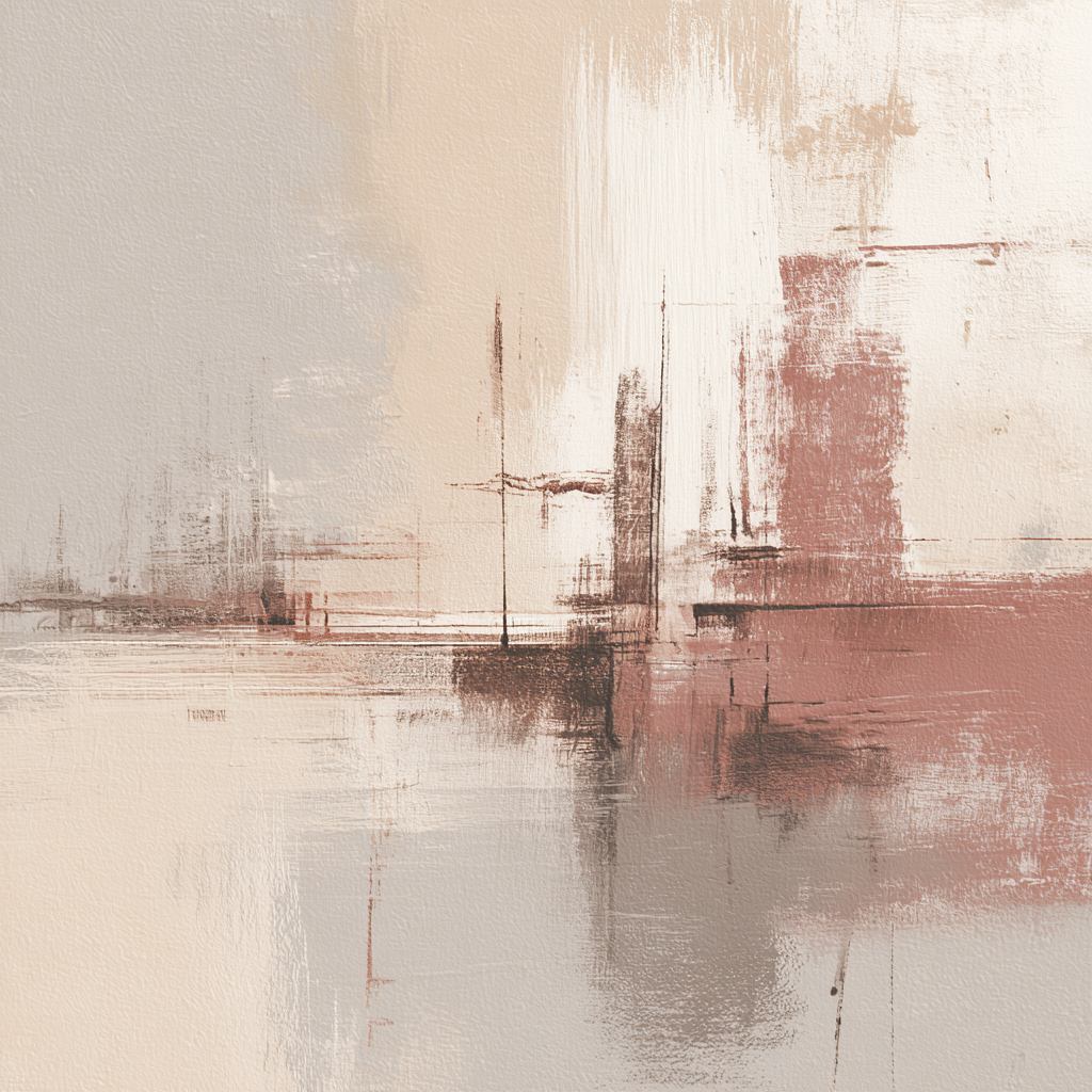 Abstract kunstwerk in beige, roze en goudtinten met zachte texturen en natuurlijke uitstraling