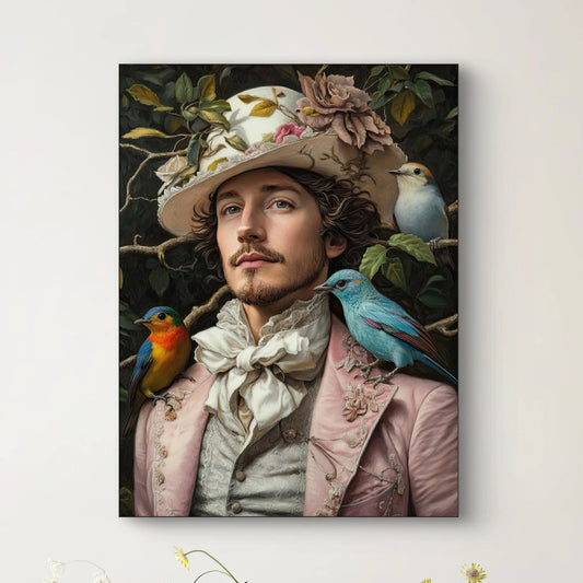 Detail van het gezicht met hoed en kleurrijke vogels op de schouder