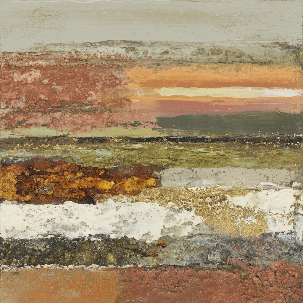 Volledig kunstwerk Adem van Aarde met abstracte landschappelijke structuur in warme natuurlijke kleuren