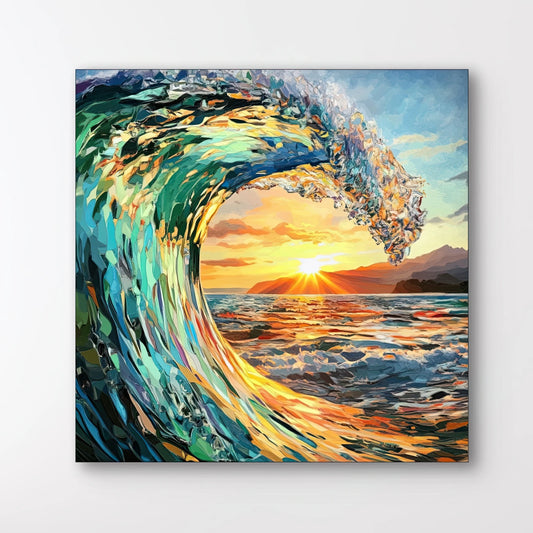 Detail van kunstwerk met abstracte golf in blauw, groen en goud met zonlicht op het water