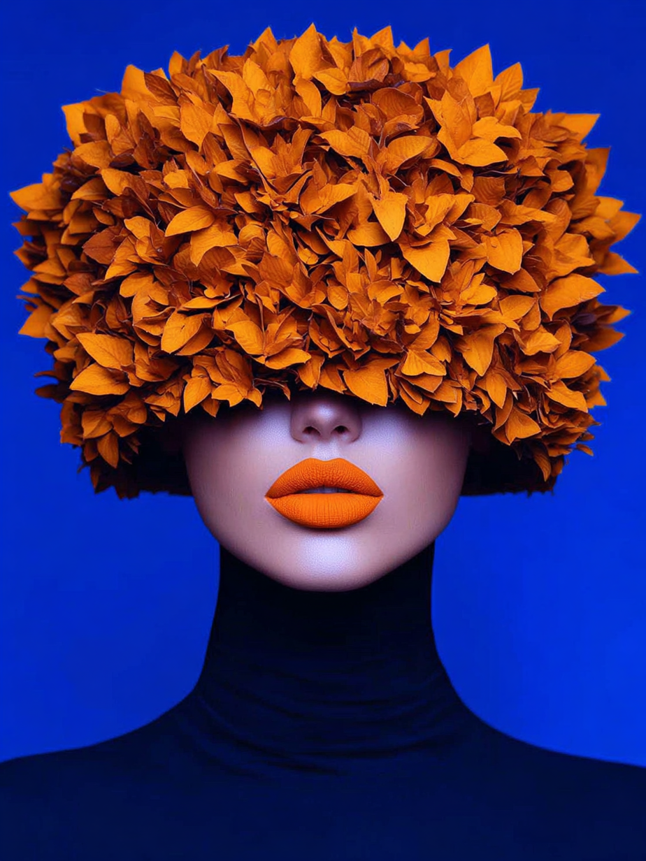 Volledige weergave van Amberbloom met vrouw in diepblauw en bloemrijke hoed van oranje bladeren