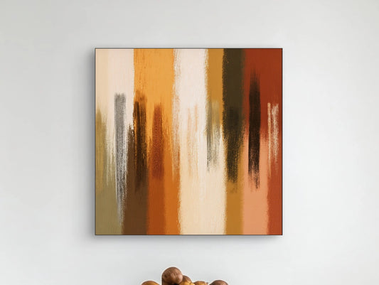 Detailopname van kunstwerk Amberlijn met penseelstreken in koper, oker en bruin