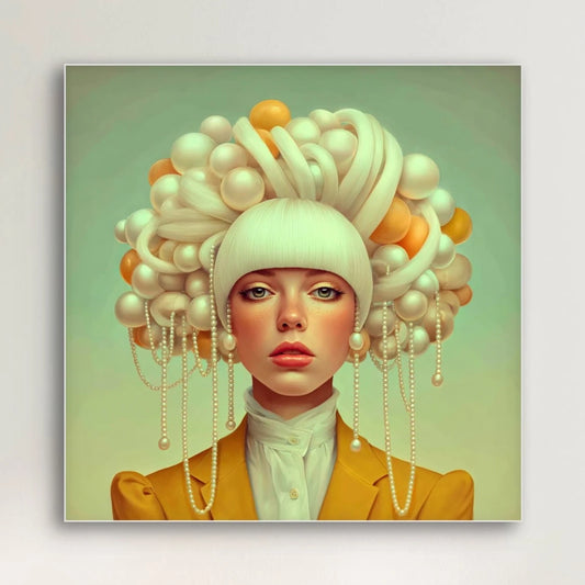 Detail van Aurelina wandkunst met parels, gouden accenten en zachte texturen