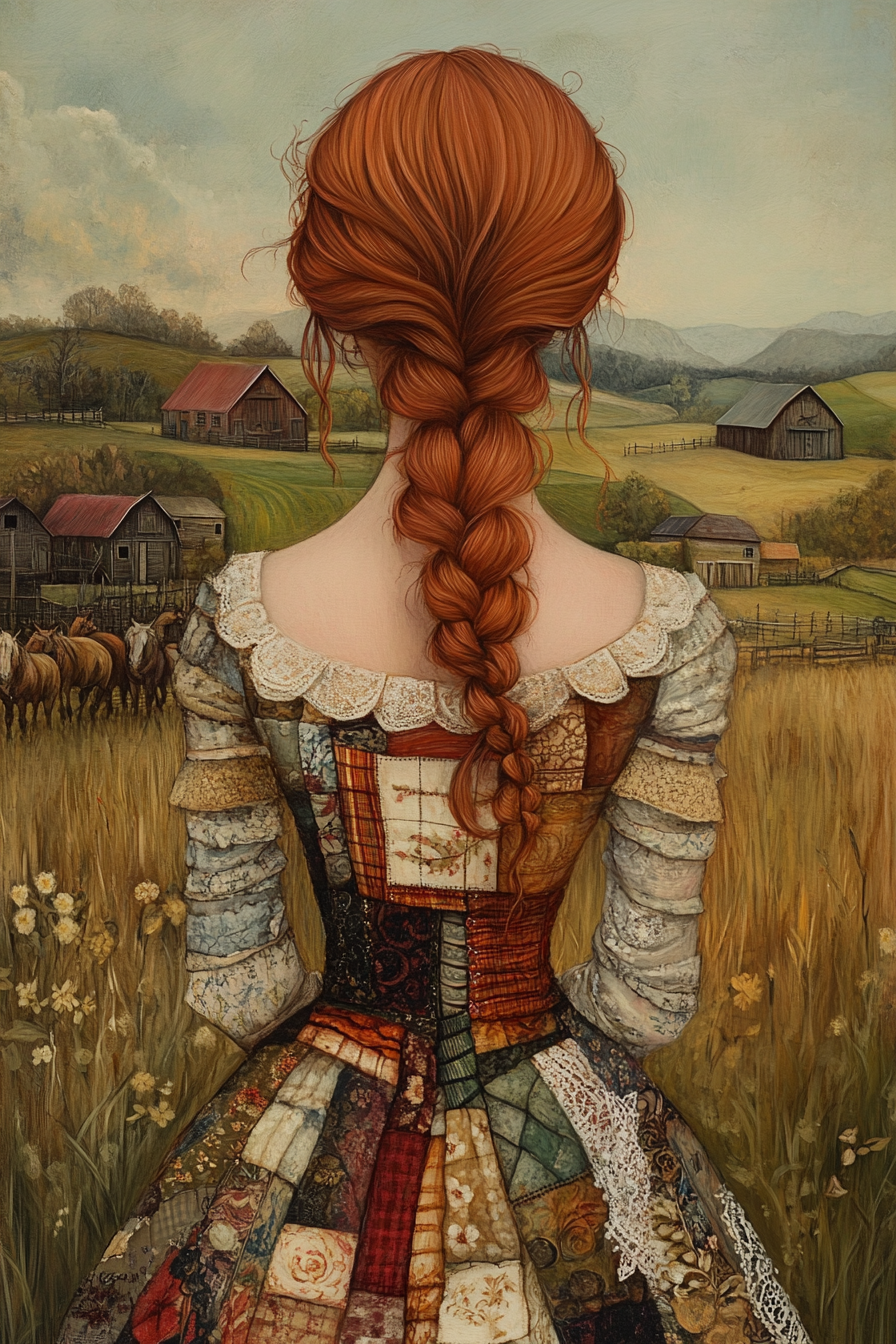 Volledige weergave van Autumn Lace met vrouw die uitkijkt over landelijke velden in warme tinten