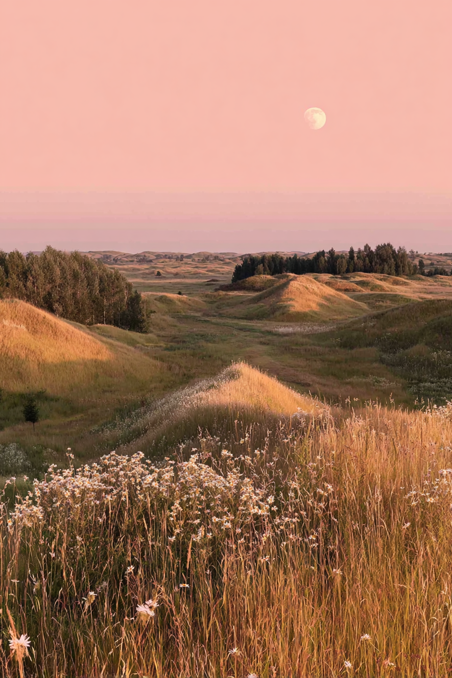 Fotografisch wandkunstwerk van heuvels en grasvelden onder een roze avondlucht met maan