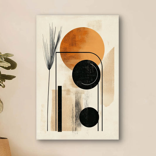 Detail van abstract werk met zwarte cirkels, oranje vlak en grafische lijnen op neutrale ondergrond