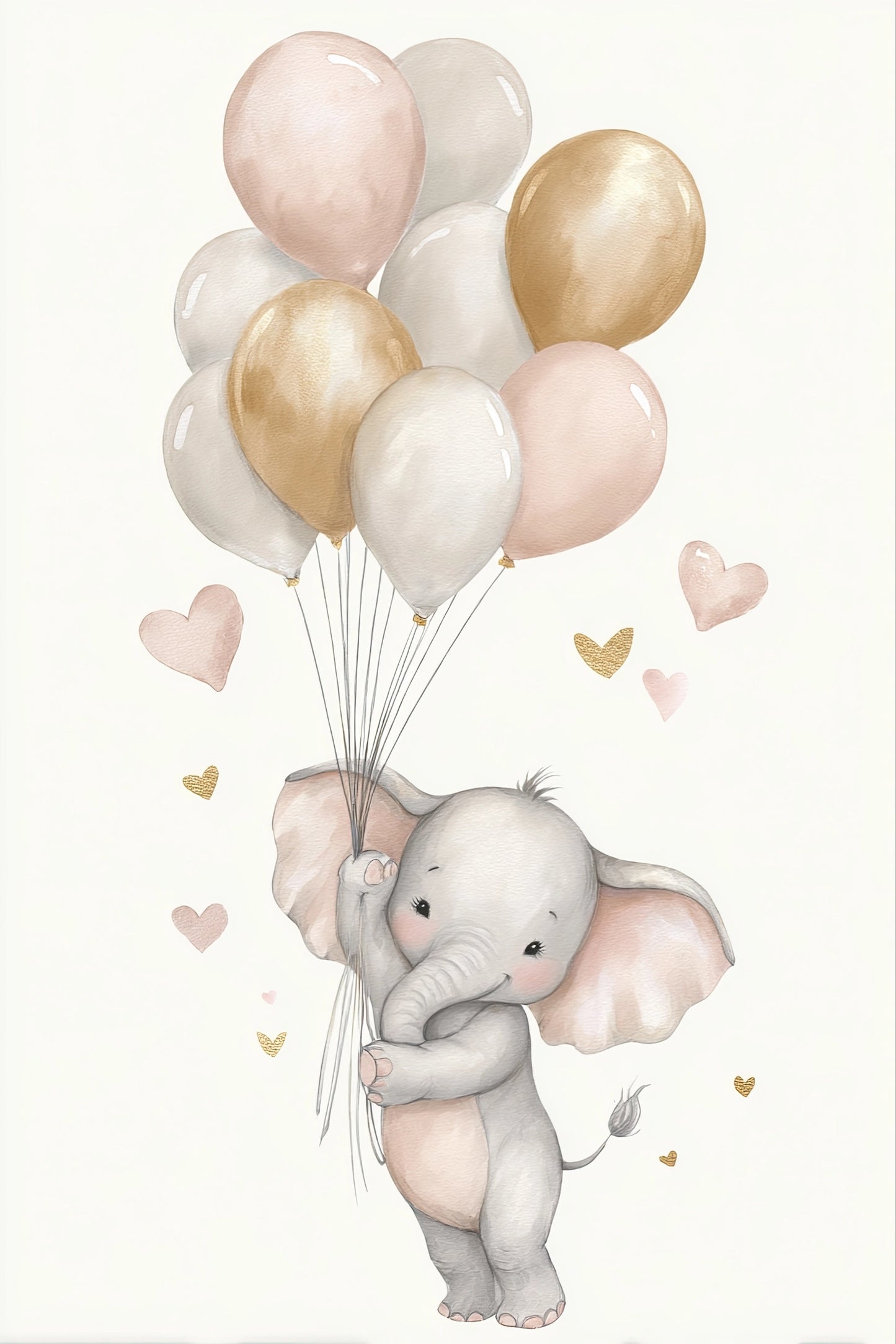 Illustratie van een baby olifant met pastel ballonnen en hartjes in zachte kleuren op een witte achtergrond