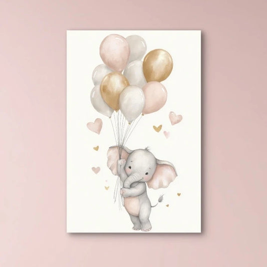 Detail van baby olifant met roze, gouden en witte ballonnen en hartjes op een lichte achtergrond