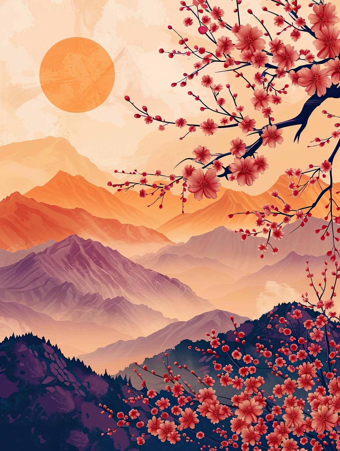 Volledig kunstwerk met zon, bloeiende takken en berglandschap in warme tinten roze, oranje en paars