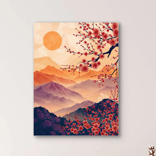 Detail van kunstwerk met roze bloemen en gelaagde bergsilhouetten in warm zonlicht