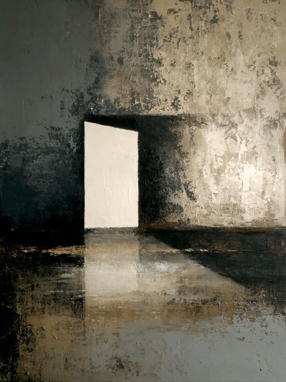 Abstract schilderij in grijs, beige en zwart tinten met een lichtvlak dat diepte en rust creëert