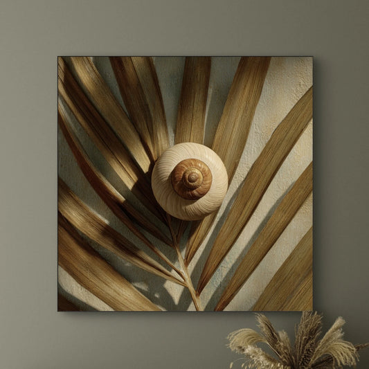 Detail van Bladlicht, een palmblad in warme gouden tonen met spel van licht