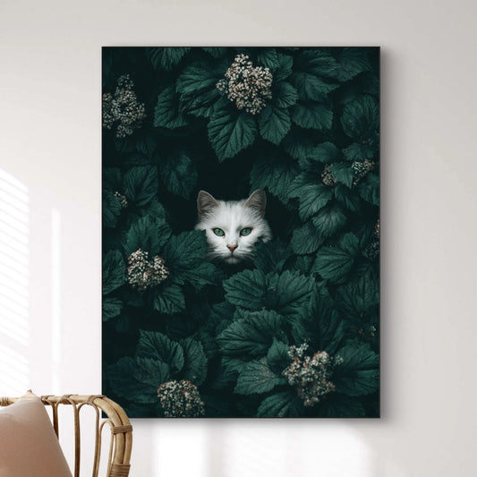 Detail van Bladsluier met witte kat tussen donkergroene bladeren