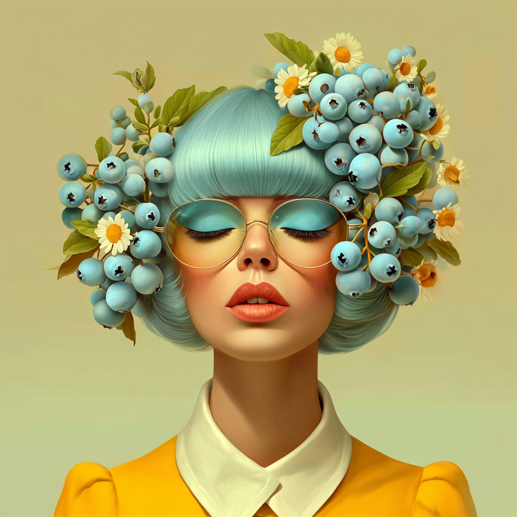 Volledige weergave van Blauwbes, portretkunst met blauwe tinten en warme lichtval