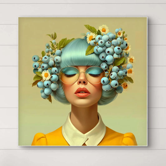 Detail van Blauwbes wandkunst met blauwe bessen en zachte penseelstructuren