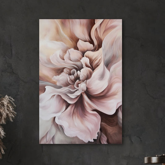 Detail van een bloemvormig kunstwerk in zachte crème- en rozige tinten op textiel