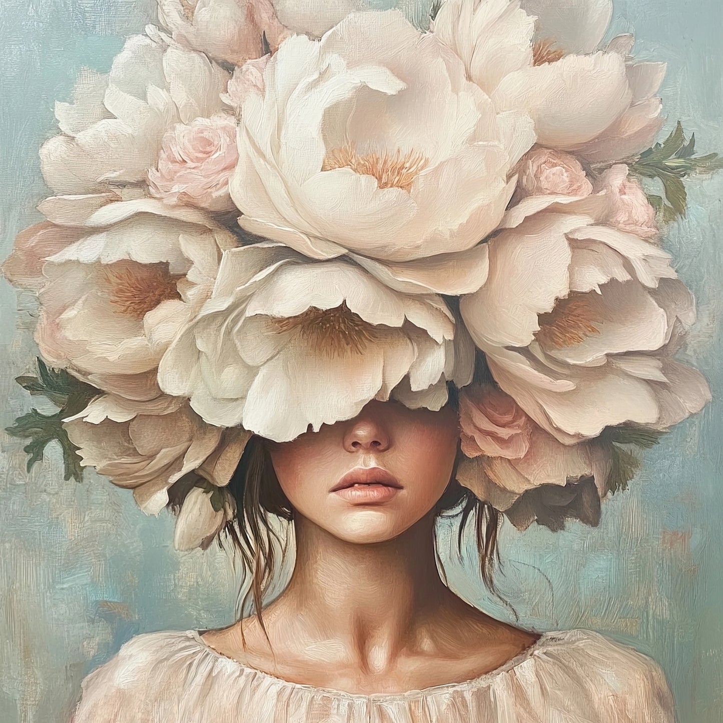 Volledig kunstwerk van een vrouw met een hoofdtooi van pioenrozen op lichtblauwe achtergrond