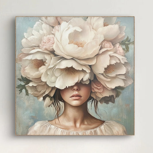 Detail van het gezicht en de grote witte bloemen die het hoofd bedekken