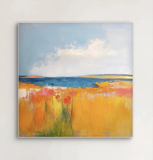 Detail van zomers schilderij met bloemen in warme tinten en heldere lucht