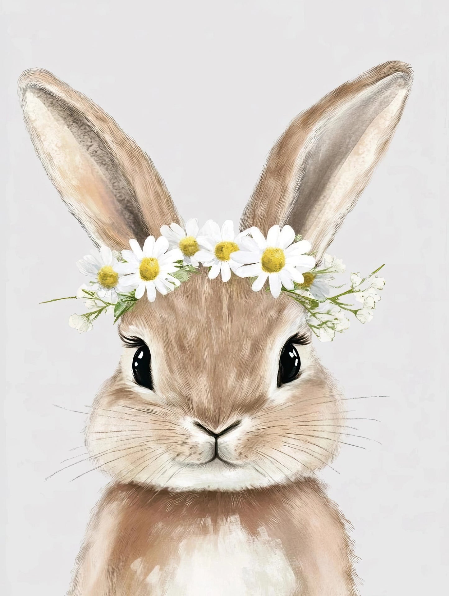Illustratie van een konijn met grote oren en bloemenkrans op een rustige, lichtgrijze achtergrond