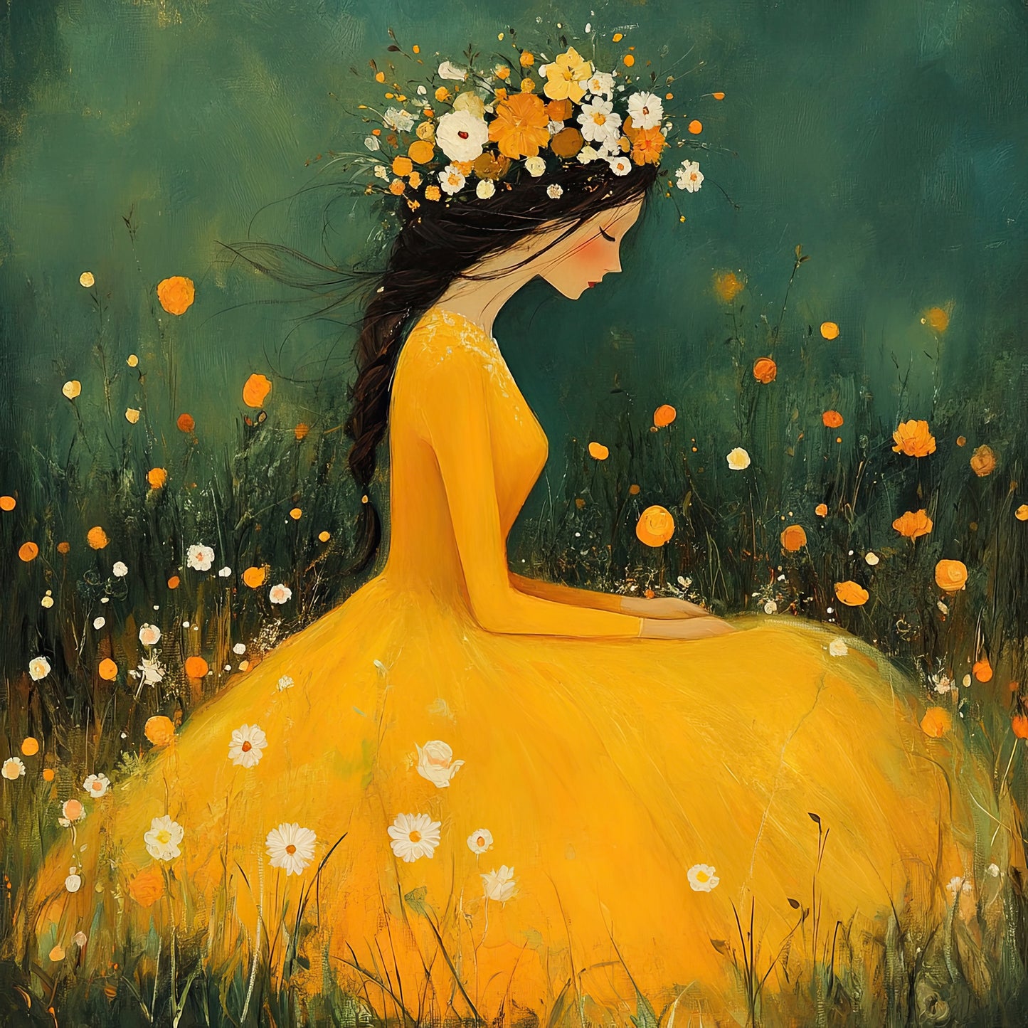 Volledig kunstwerk van een vrouw in een felgele jurk zittend in een bloemenveld met donkergroene achtergrond