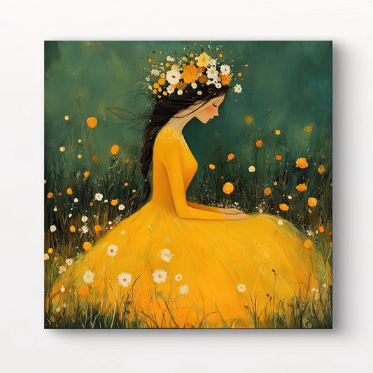 Detail van de vrouw in gele jurk met bloemenkroon in een veld met madeliefjes