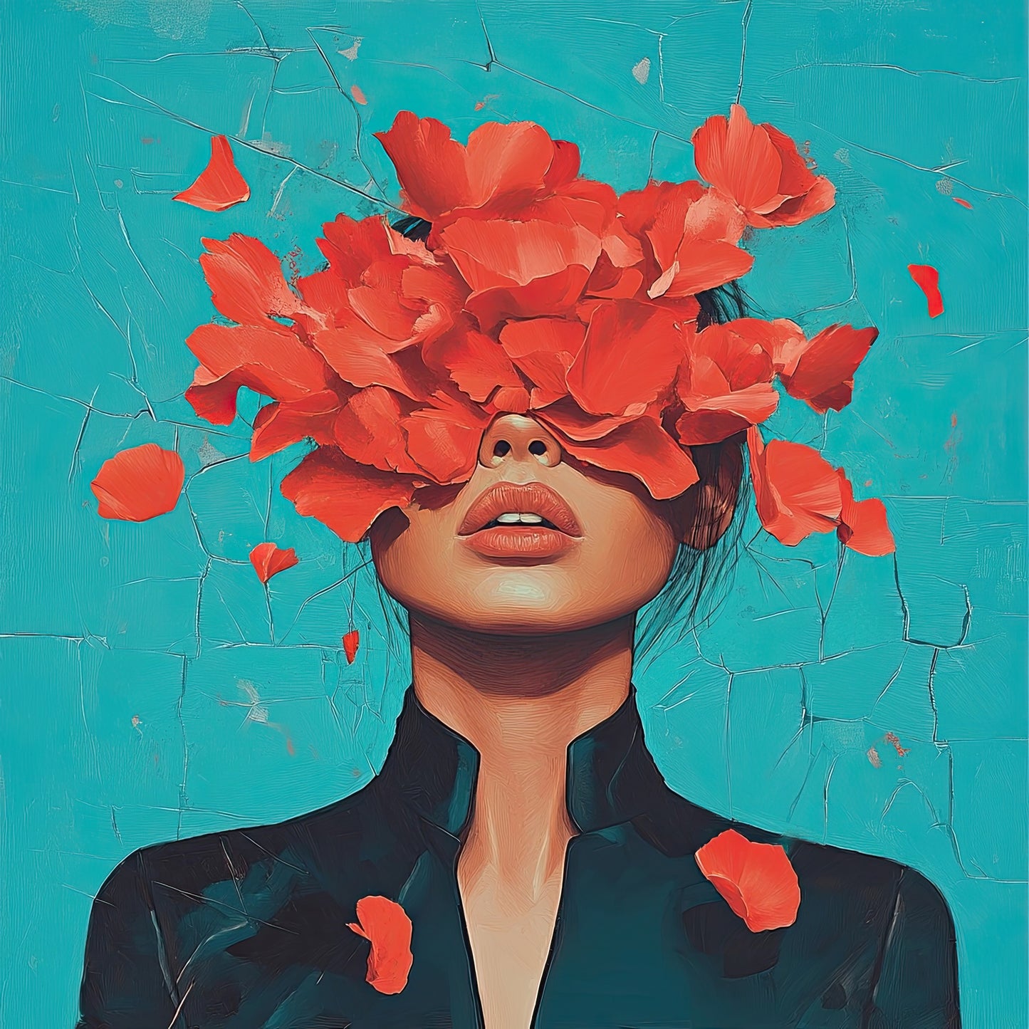 Volledige afbeelding van een vrouw met bloemblaadjes over haar gezicht op een turquoise achtergrond