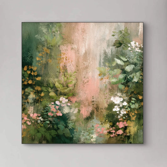 Detail van bloemrijk kunstwerk met groene bladeren en zachte roze en witte bloemen