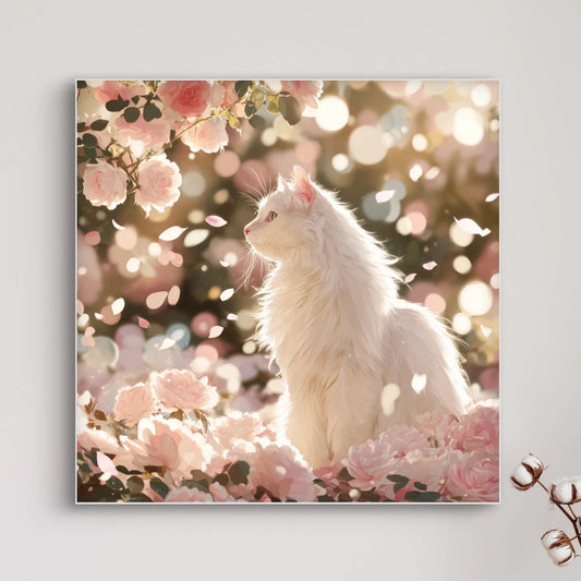 Detailopname van Bloesemdroom met witte kat tussen bloesems en vallende bloemblaadjes