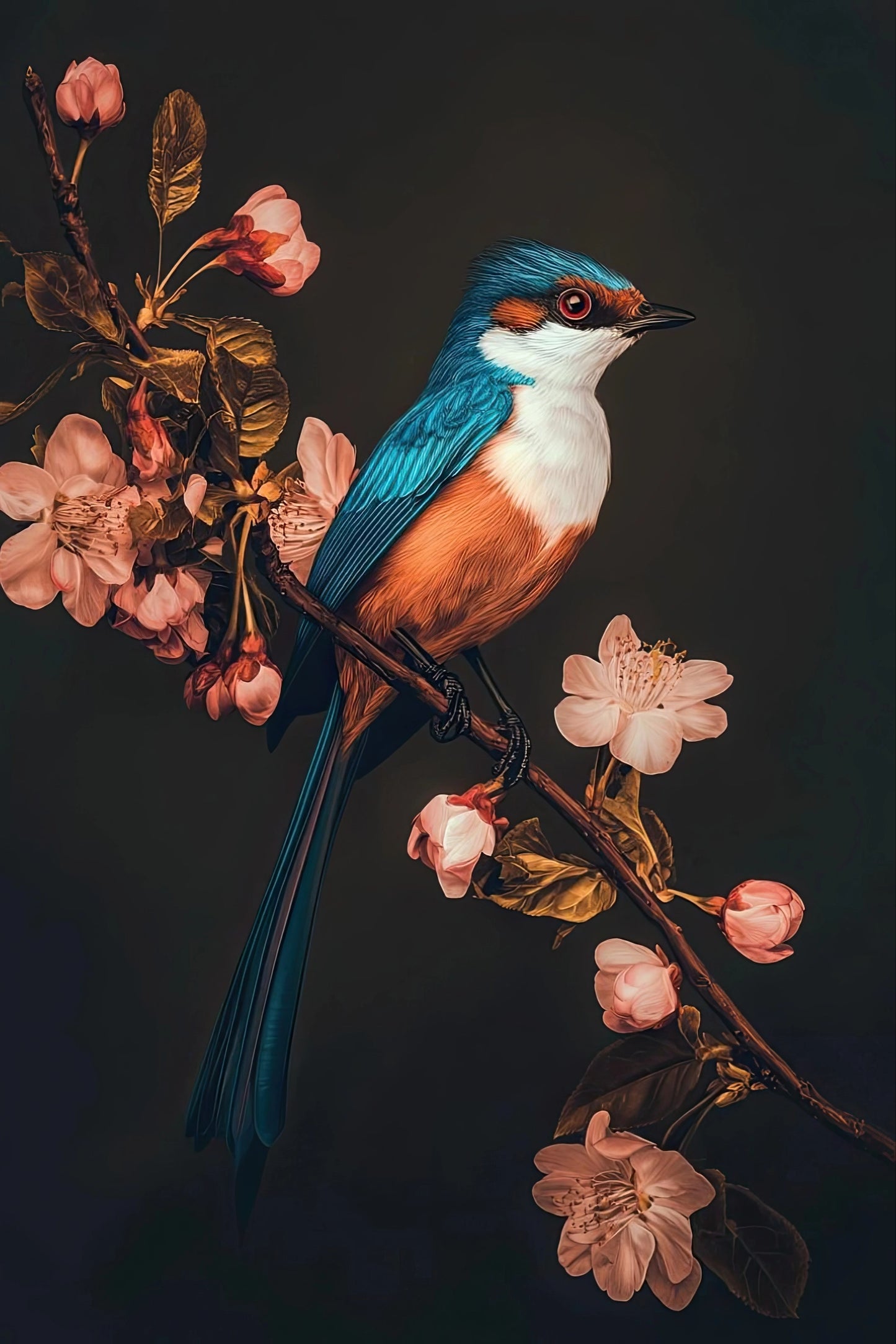 Kunstwerk met azuurblauwe vogel op bloeiende tak tegen diepzwarte achtergrond