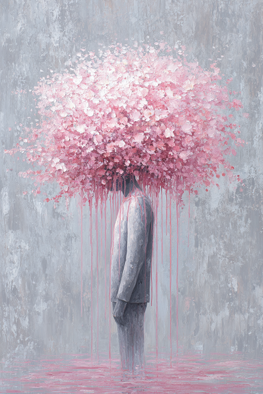 Volledige weergave van Bloomstate met figuur en roze bloesems als hoofd