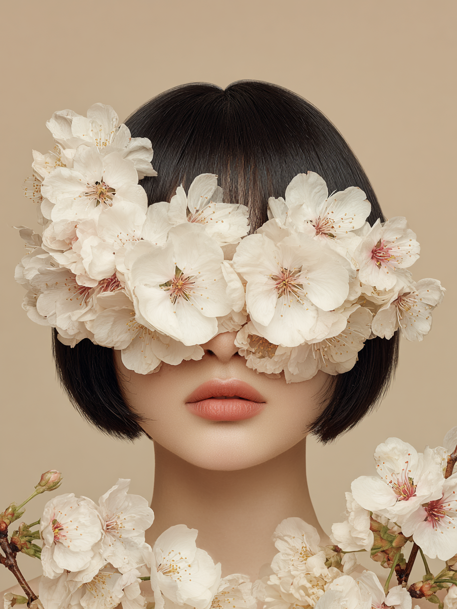 Volledige weergave van Blossom Veil met vrouw in zacht beige tinten omhuld door bloemen