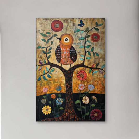 Detail van illustratieve uil op boom met bloemen en abstracte patronen in warme tinten