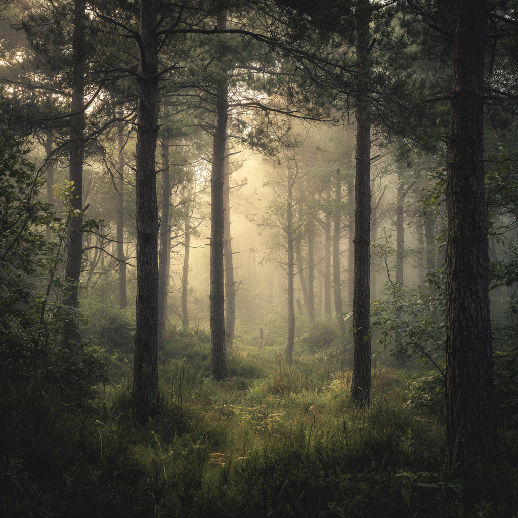 Fotografisch kunstwerk van een bos met lichtinval en zachte groene tinten in een rustige sfeer