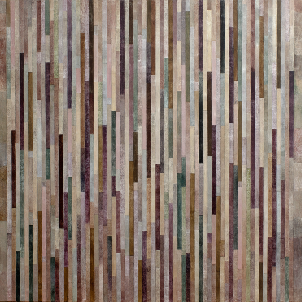 Volledige weergave van abstract schilderij Bronzen Ritme met verticale strepen in aardse en bronzen tinten