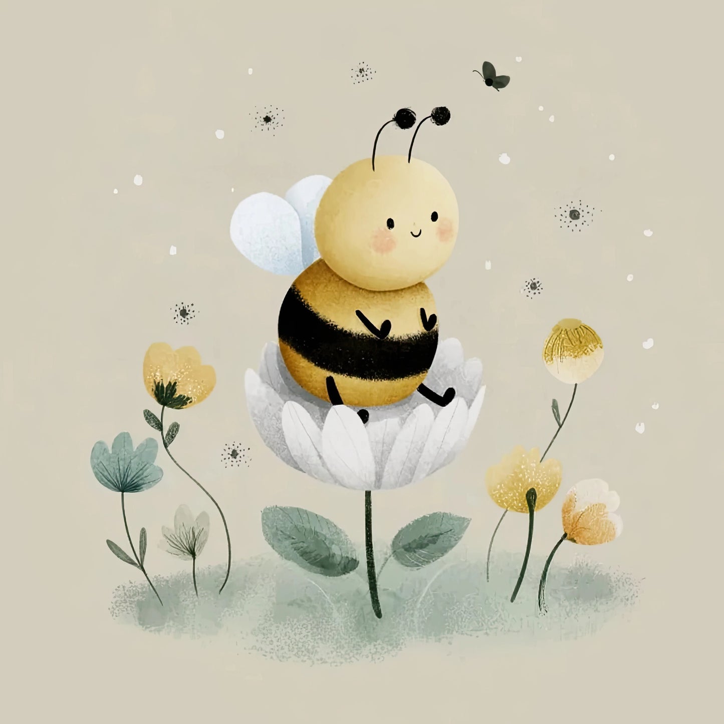 Illustratie van een lieve bij met vleugels op een bloem tegen een beige achtergrond