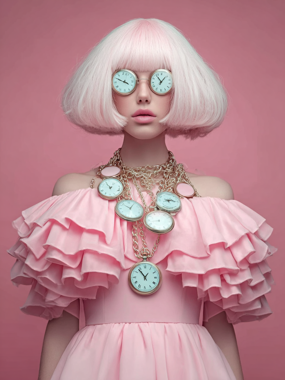 Volledige weergave van Candy Clock met vrouw in roze jurk en surrealistische klokaccessoires