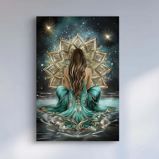 Detail van vrouw met lange haren voor een gouden mandala, zittend in turquoise jurk