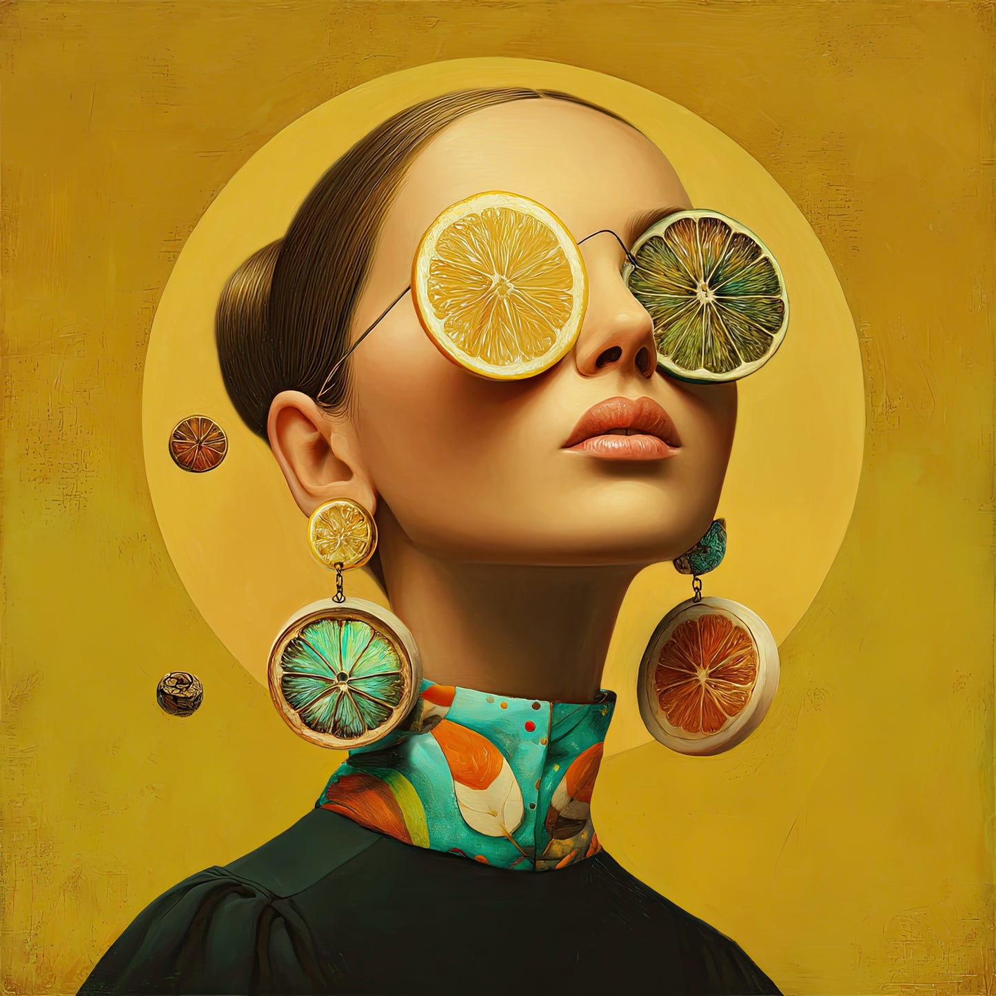 Volledige afbeelding van Citrus Muse met surrealistisch portret van vrouw met fruitaccenten