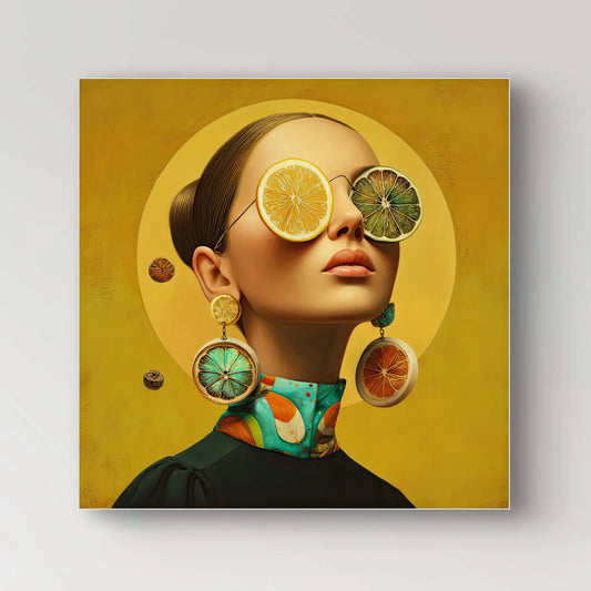 Detail van vrouw met citrusvruchten als bril en oorbellen op gele achtergrond