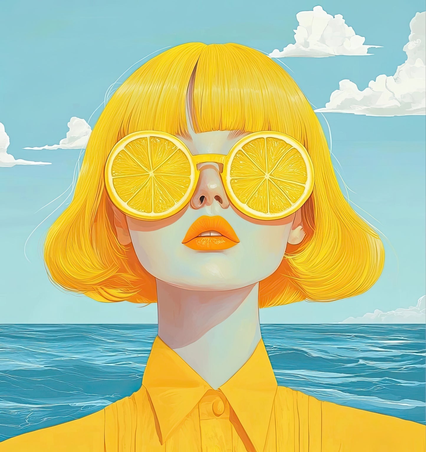 Volledige afbeelding van Citrusblik met felgekleurd portret van vrouw en citrusaccenten