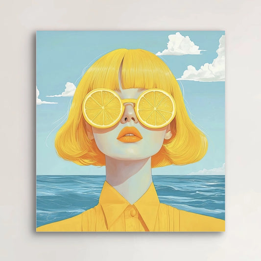 Detail van vrouw met gele bob en citroenschijven als bril, met zee op de achtergrond