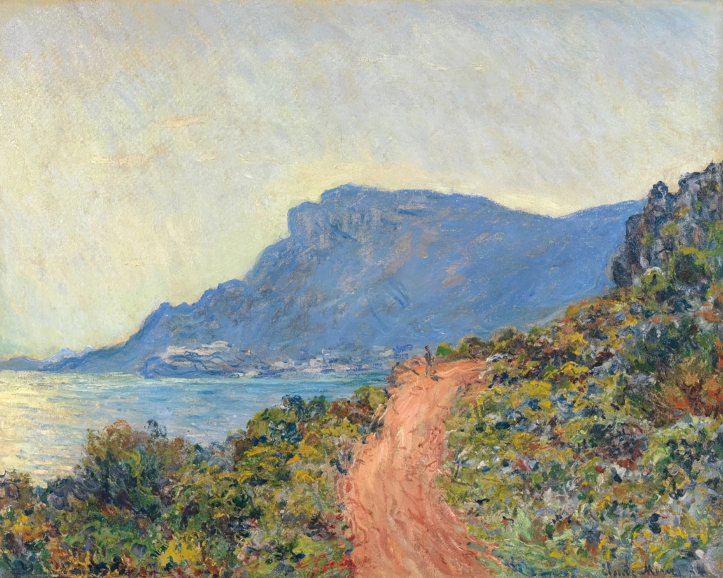 Detail van het oranje pad en de blauwe bergen in Claude Monets “La Route de la Corniche, Cap d’Antibes”