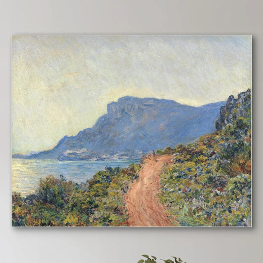 Detail van het oranje pad en de blauwe bergen in Claude Monets “La Route de la Corniche, Cap d’Antibes”